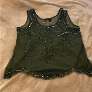 BKE boutique Sheer Green Beaded Detail Top - M
